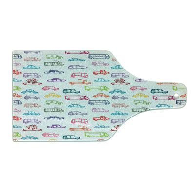 Ambesonne Cars Tempered Glass Cutting Board Colorful Funny Bus and Truck Multicolor