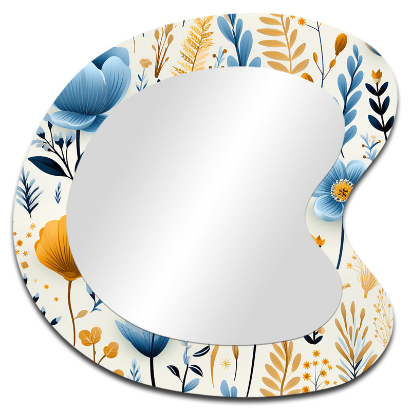 Mirari Blue And Yellow Farmhouse Pattern - Botanical Asymmetrical Wall Mirror, Blue Unique Shape Decorative Mirror, Printed Metal Art