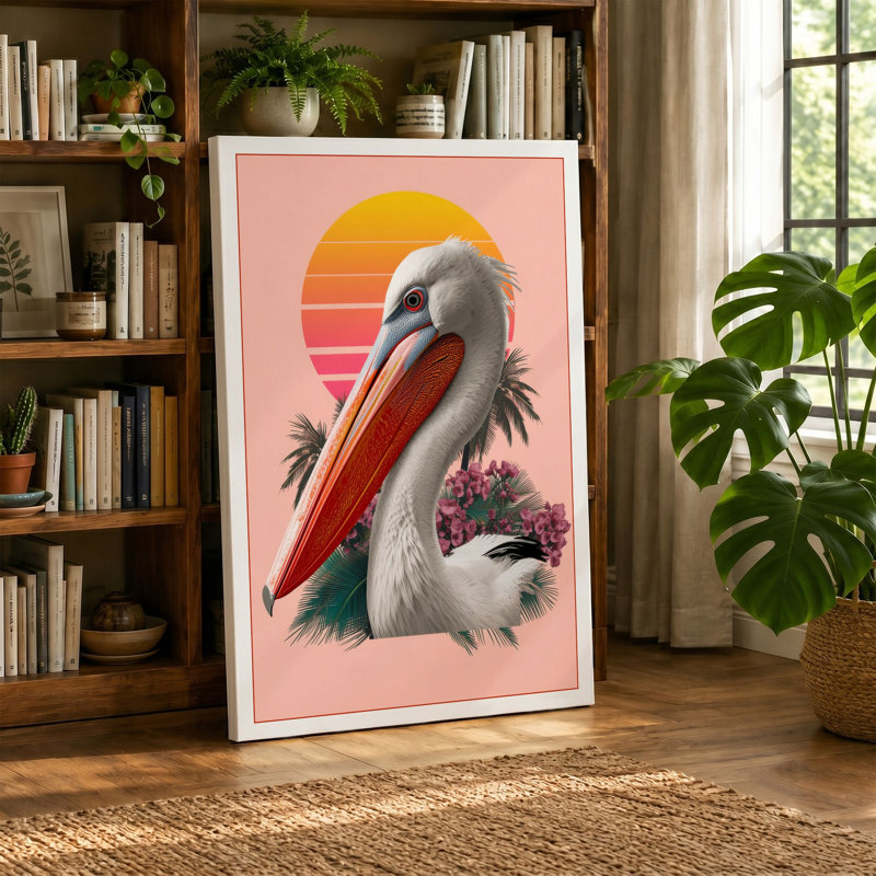 Pelican at Sunset Coastal - Wrapped Canvas, 30x20 - 76.2 x 50.8 cm, Teal Border