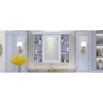 Rangement de salle de bain avec armoire à porte miroir bleue - Options polyvalentes, matériaux, 6 tablettes pour une conception fonctionnelle, rangement dissimulé, décor champêtre