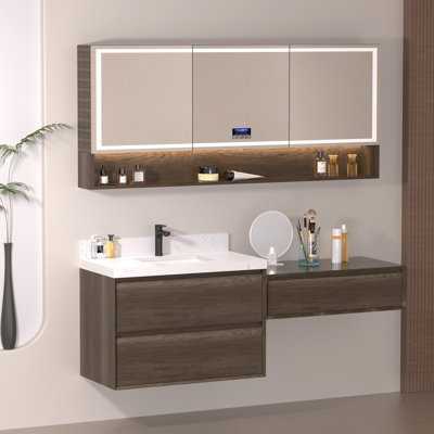 Ensemble de meuble-lavabo mural 72 po avec plateau en pierre reconstituée et armoire de rangement modulaire 36 po