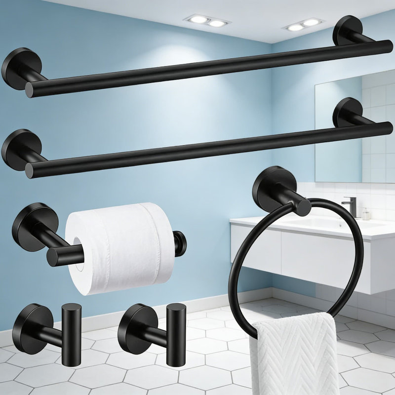 Matte Black Bathroom Hardware Set, 6-Piece SUS304 Stainless Steel Wall Mounted Towel Bar Holder Set With 24-Inch Towel Bar, Towel Ring, Toilet Paper Holder And Hooks, Modern Rustproof Bathroom Accessories