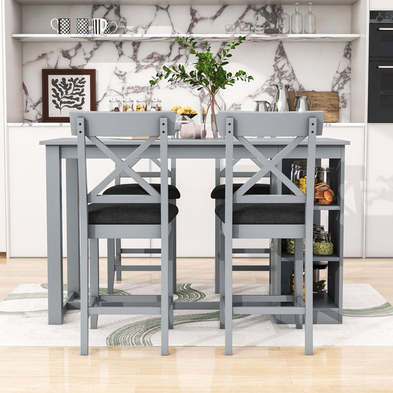 Devra 5-Piece Dining Set, Counter Height Wooden Table with 3-Tier Storage and Upholstered Chairs, Grey