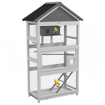 Pawhut Wooden Bird Aviary, 67" Outdoor Bird Cage With Slide-Out Tray, Three Doors, Birdhouse, Ladder, Perches For Finches, Parakeets, Gray