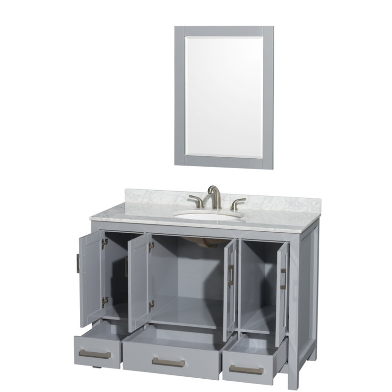 Sheffield 48" Freestanding Single Bathroom Vanity with Marble Top with 24" Mirror, White Carrara Marble, Gray 