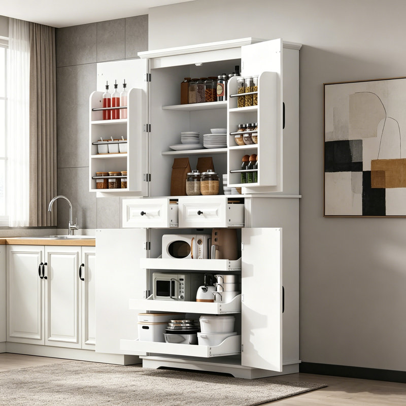 Grand garde-manger avec 3 organisateurs coulissants, texture en relief campagnard, 6 tablettes de porte et 2 tiroirs pour un rangement efficace