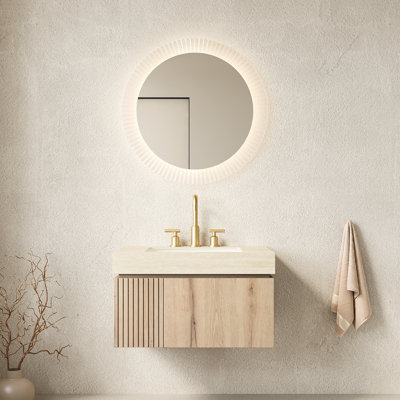 Meuble-lavabo de 76 cm avec rangement suspendu en contreplaqué, comptoir en pierre frittée, lavabo en céramique, 3 trous prépercés pour robinetterie, armoire et comptoir en chêne blanc assemblés.