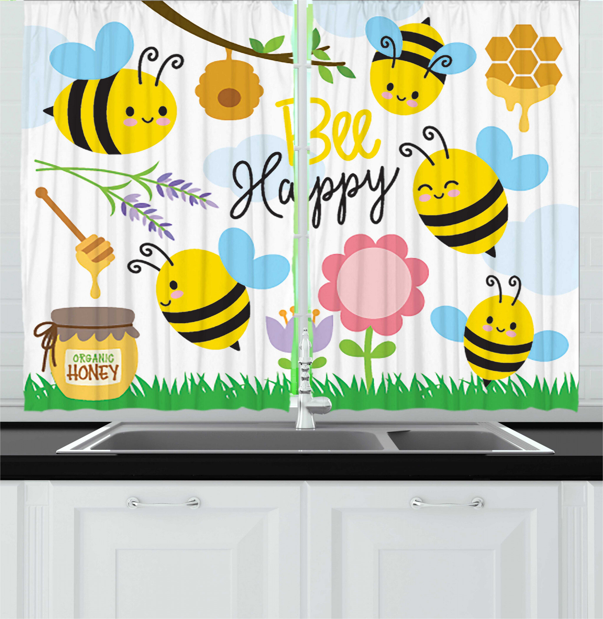 2 Piece Honey Bee Cartoon Style Illustration of A Bee Happy Garden Scene and An Organic Honey Jar Kitchen Curtain Set East Urban Home