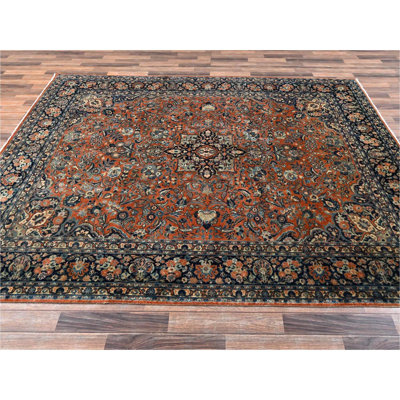 7 pi 8 po x 9 pi 3 po brun cuivré, usé, laine pure, persan Mashad rétro, vieilli, excellent état, tapis oriental fin