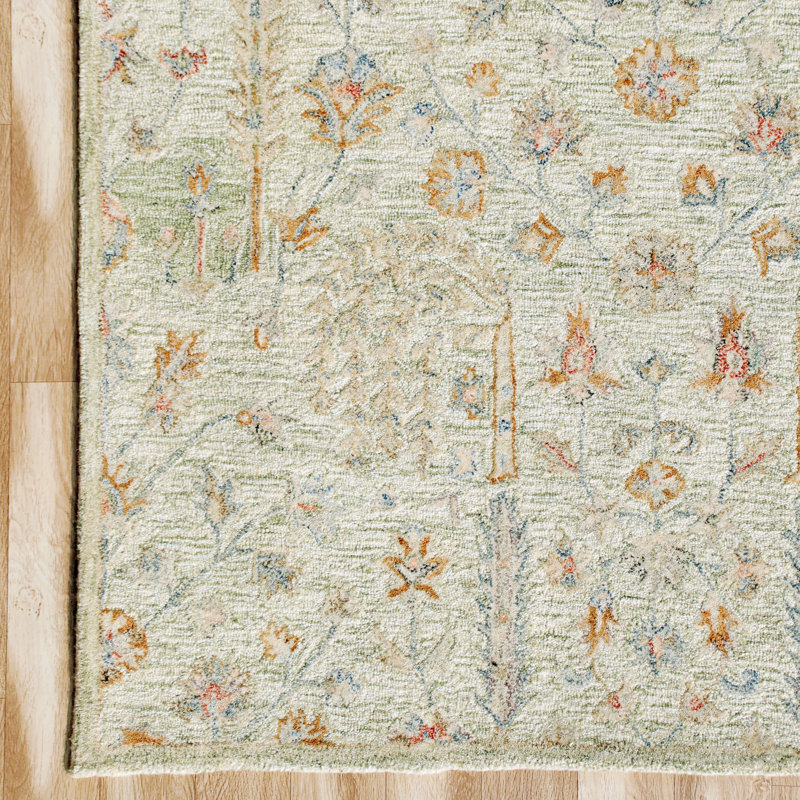 Sage Green Handmade Traditional Natural Wool Indoor Area Rug, Rectangle 5' x 7'9"