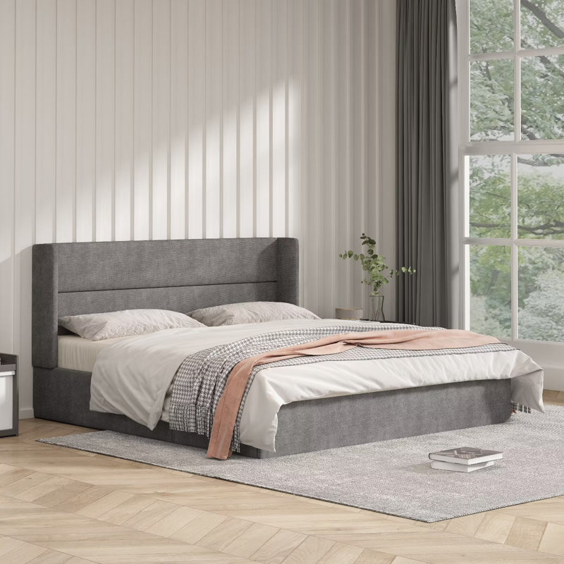 Annek Upholstered Bed Frame with Lift Up Storage, 40.9"H Wingback Headboard, Wood Slats & Metal Frame, Multiple Sizes & Fabric Options Available