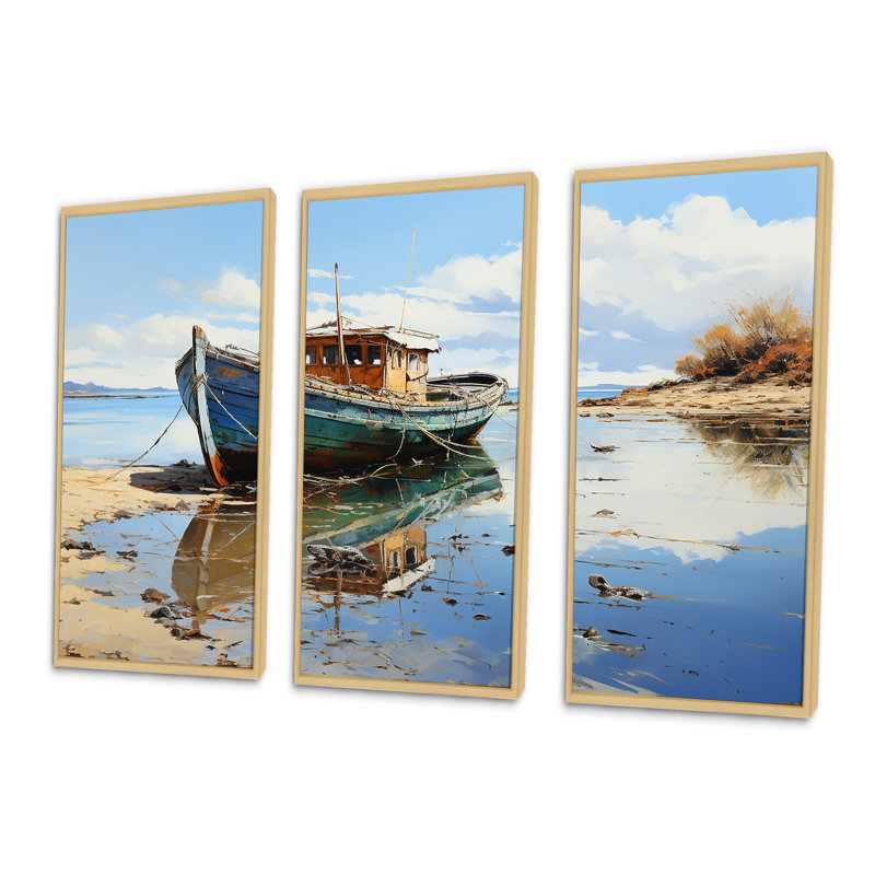 Fhses bateau au bord du lac II - art mural bateau côtier, Cadre flottant brun, H 28 po x l 36 po