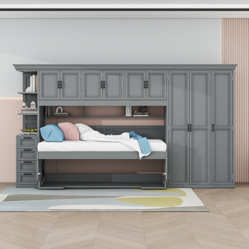 Lit escamotable simple avec garde-robe, armoire et bureau, Grey