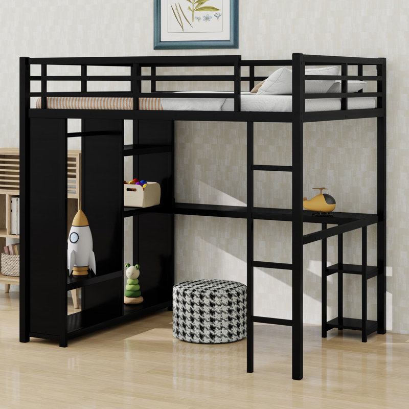 Loft Bed Frame With Built-In Wardrobe, Black, Queen