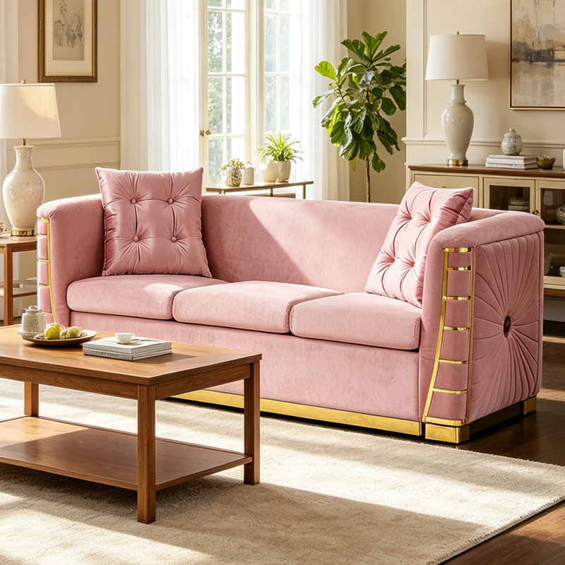 Veloria 82.3" Velvet 3-Seater Sofa with 2 Pillows for Living Room and Apartment, Pink