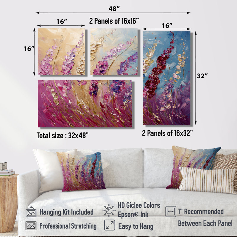 Fleurs violettes, beauté sauvage dépliée I - Art mural floral 4 pièces, Noir, Impression encadrée sans passe-partout