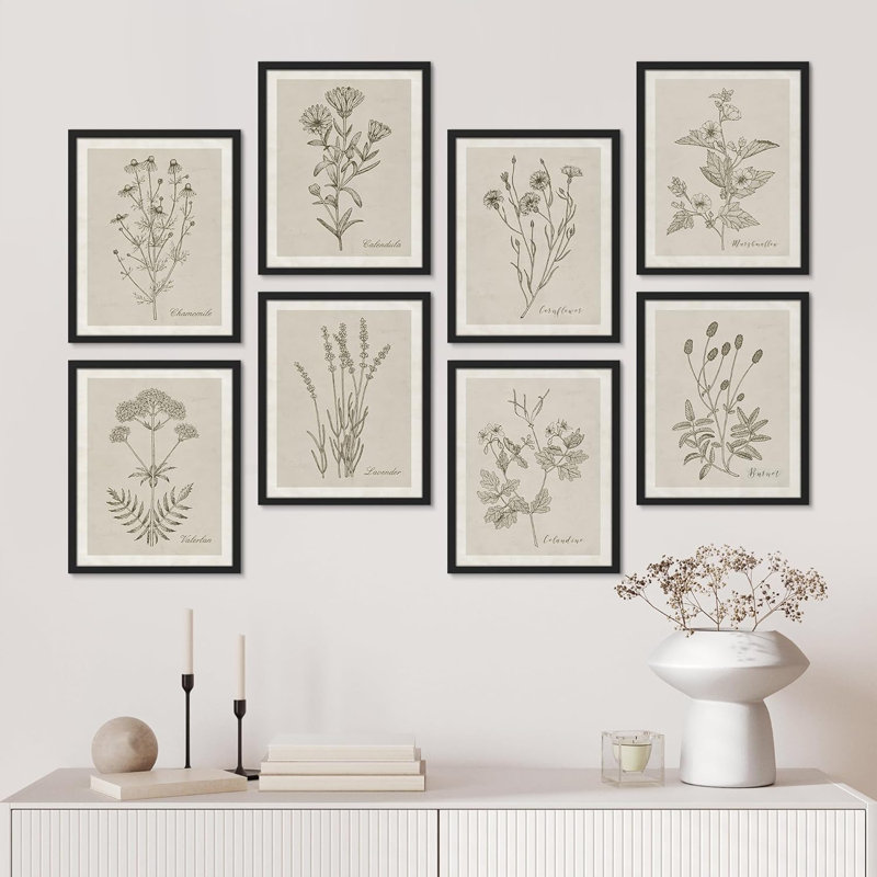 «Wildflower, Botanical Floral, Minimalist Decor», affiche rétro encadrée sur papier, 8 pièces, Cadre noir, L 11 po x H 14 po