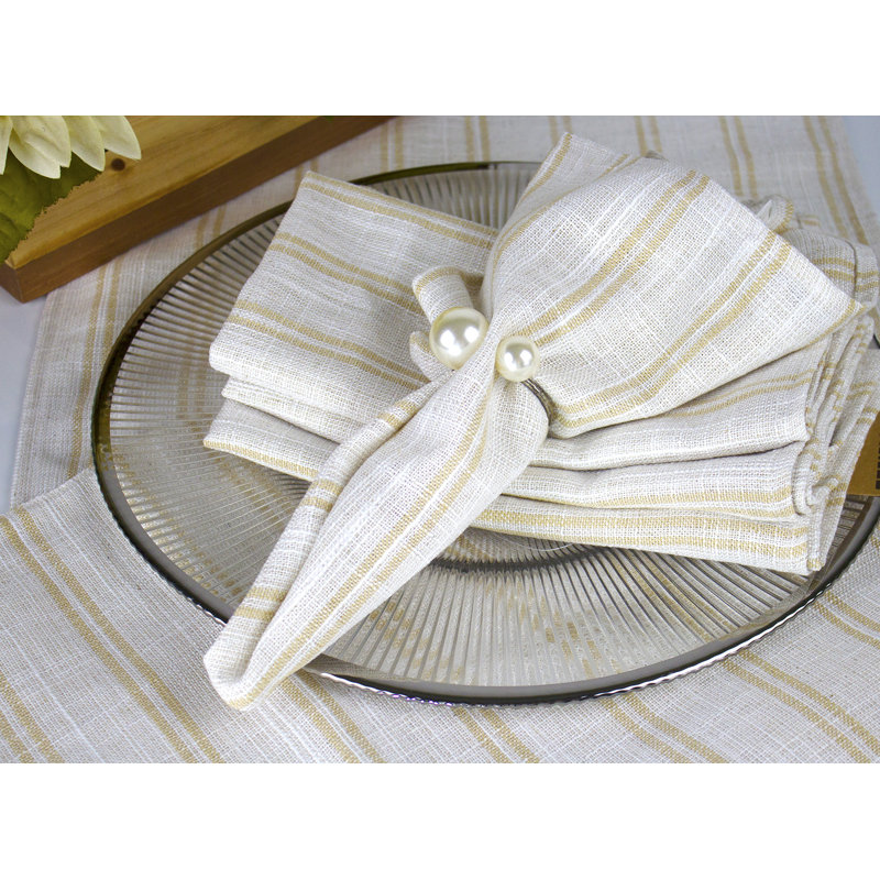 Ensemble de 4 serviettes de table en mélange de lin à rayures beige et blanc, Beige / blanc