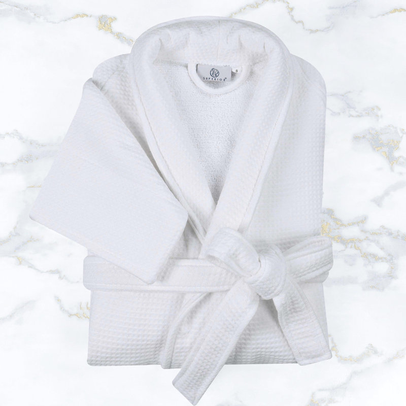 McPhail Waffle Weave Honeycomb Cotton Soft Plush Lightweight Unisex Adult Bath Robe, White, M
