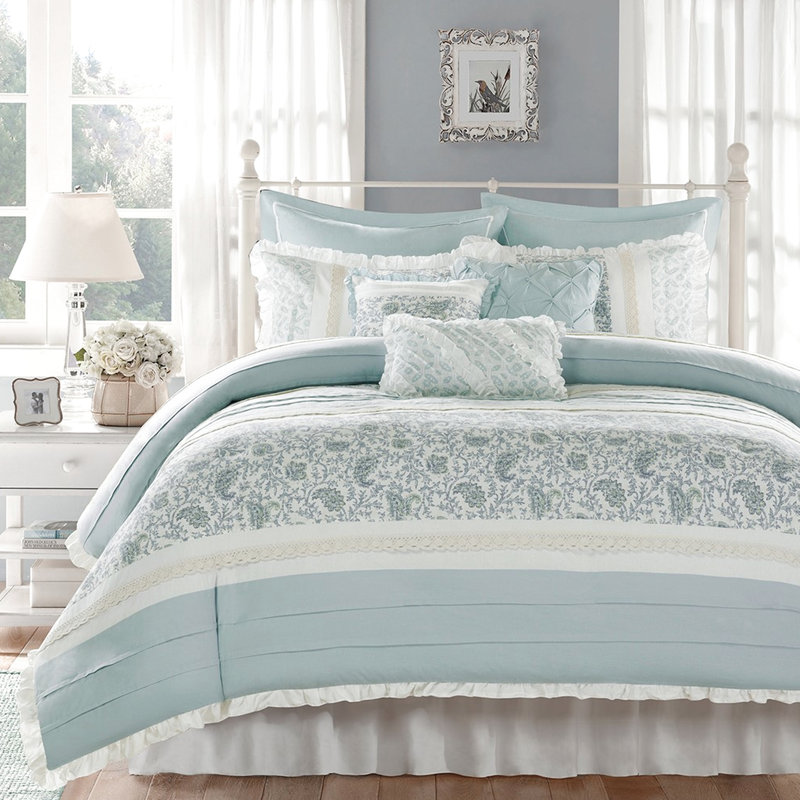 9 Piece Cotton King Decorative - Shabby Chic Style With Printed Textile Duvet Cover Multicolor Fabric For Elegant Bedroom Design