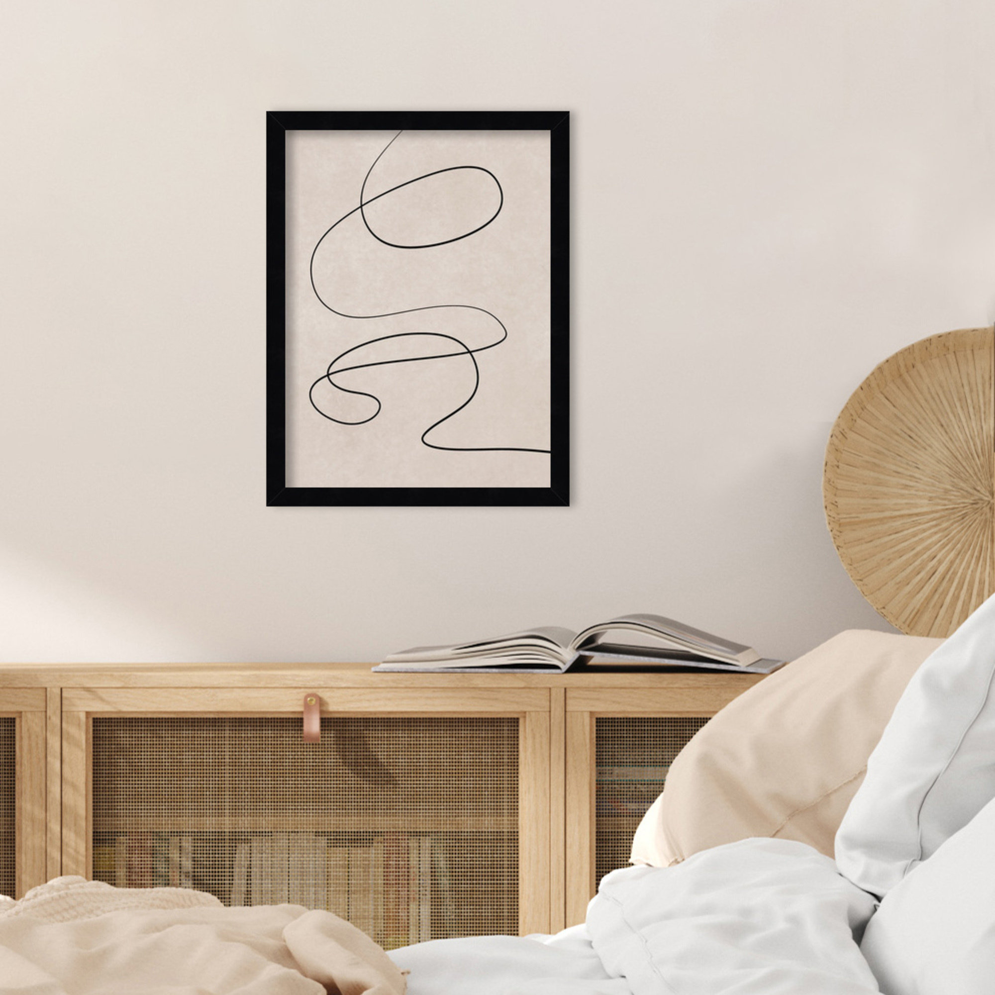 Black Line and Textured Beige Background by Little Dean Wood Framed Wall Art Print, Black, 17" H x 13" W