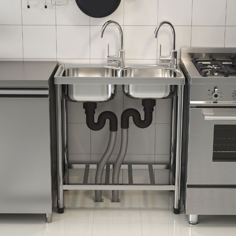 Belfry Kitchen Shoshone 390mm W Double Bowl Stainless Steel Kitchen Sink with 2 Faucet Holes