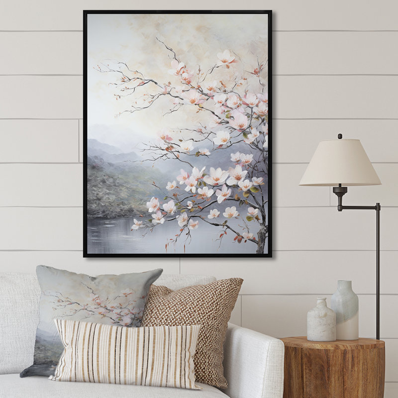 Fleurs de cornouiller du Japon III sur toile, Cadre flottant noir, H 44 po x l 34 po x P 1,5 po