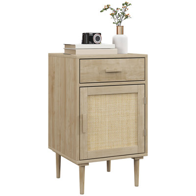Aleiyah Bedside Table with Rattan Drawer, Cabinet and Adjustable Shelf, Natural
