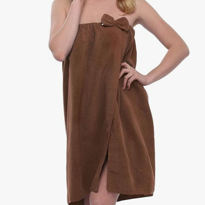 Robe de douche sans bretelles en fibre fine brune avec camisole et nœud papillon à fermeture à pression réglable