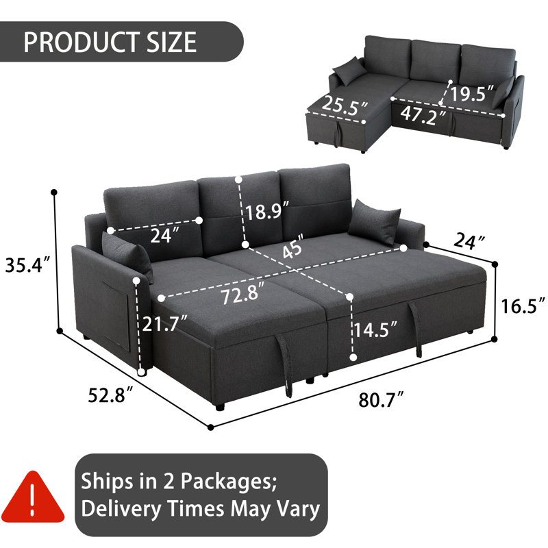 Canapé-lit modulaire convertible de 80,7 po avec lit escamotable, méridienne de rangement et poche de rangement latérale