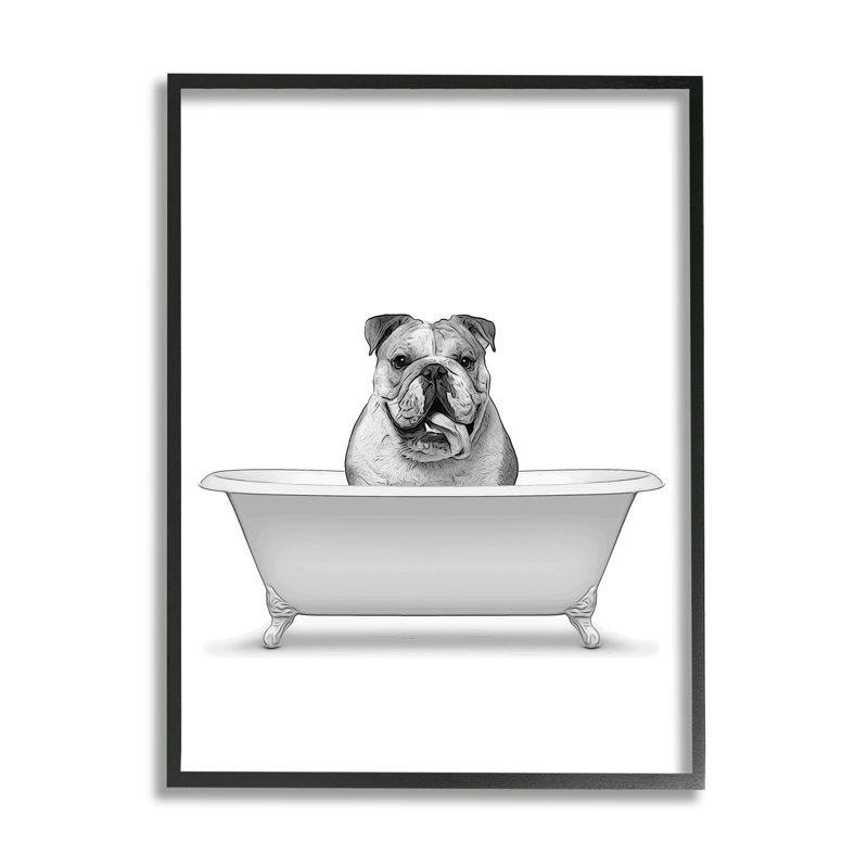 «Bulldog In Tub Bathroom Animal On Wood» par Annalisa Latella, impression, H 24 po x l 30 po, Giclée encadrée noir minuit