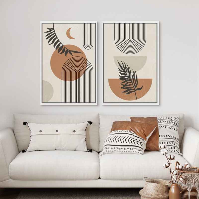 «Mid Century Modern Abstract Lines Botianical Leaf», 2 pièces sur toile, Cadre blanc, H 24 po x l 16 po
