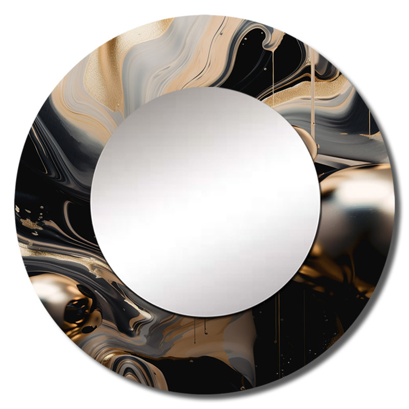 Shavannah Gold Black Journey Through Marble III - Marble Unique Wall Mirror, Gold Round Mirror, Printed Metal Art, 29" x 29"