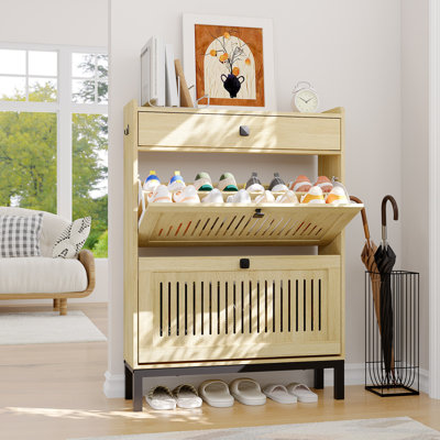 Armoire à chaussures 2 tiroirs avec tablettes réglables, range-chaussures dissimulé avec tiroir supérieur, range-chaussures autoportant en bois pour entrée, couloir, salon, naturel