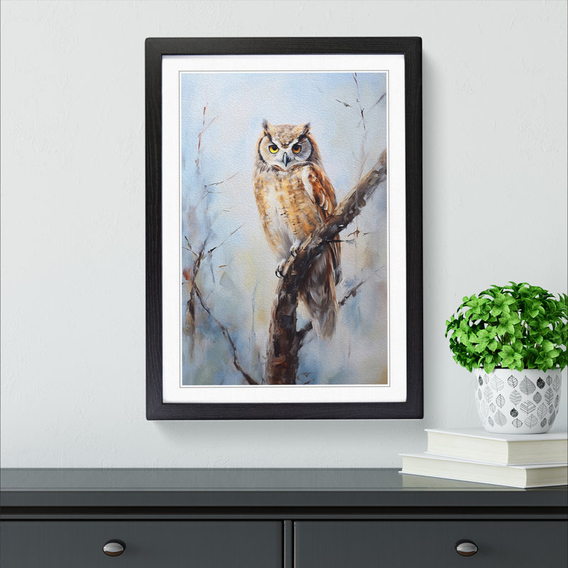 Owl Gestural - Single Picture Frame Print on Wood, Black Framed, 34cm H x 25cm W x 2cm D