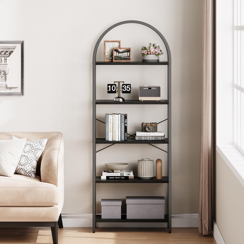 5-Tier Tall Bookshelf with Arched Top, Metal Frame & Wood Finish, Farmhouse Industrial Display Rack, Black