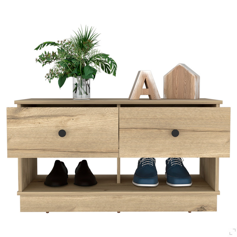 Storage Bench Beji, Lower Shelf, Two Drawers, Light Oak