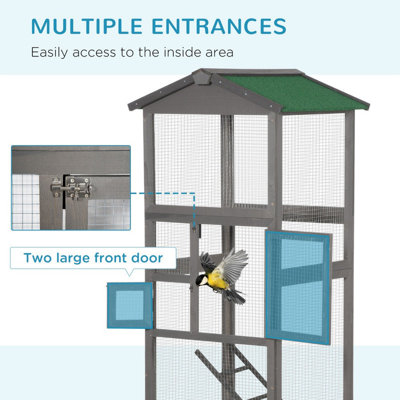 65" Grey Wooden Outdoor Aviary Bird Cage with Pull Out Tray and 2 Doors for Parrots and Parakeets