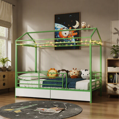 Lit maison pour enfants, lit de plancher pour garçons, cadre de lit avec toit, aucun sommier nécessaire vert