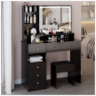 Large Desktop Vanity Table with Cushioned Stool, Oversized LED Mirror, 3-Colour Adjustable Lighting, and Multi-Layer Storage