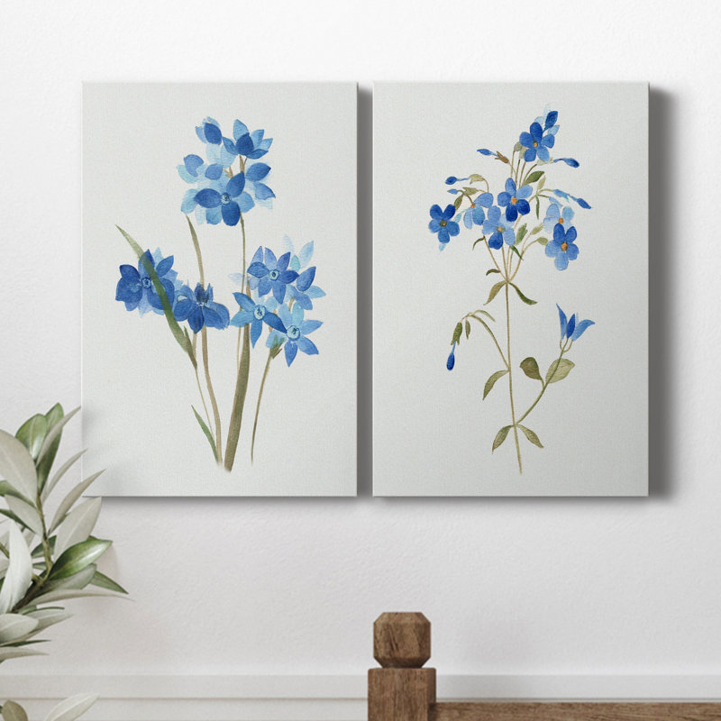 «Blue Blossom Botanical I», ensemble de 2 peintures sur toiles, H 27 po x l 36 po x P 1 po, Toile tendue