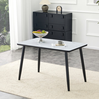Rectangular Dining Table With Tempered Glass And Double - Surface, Marble Pattern, Black Conical Metal Legs, Fit For Formal Dinners A 47.3x27.5x29.5 Inches Modern Layer, Look, Tapered Good Home Use