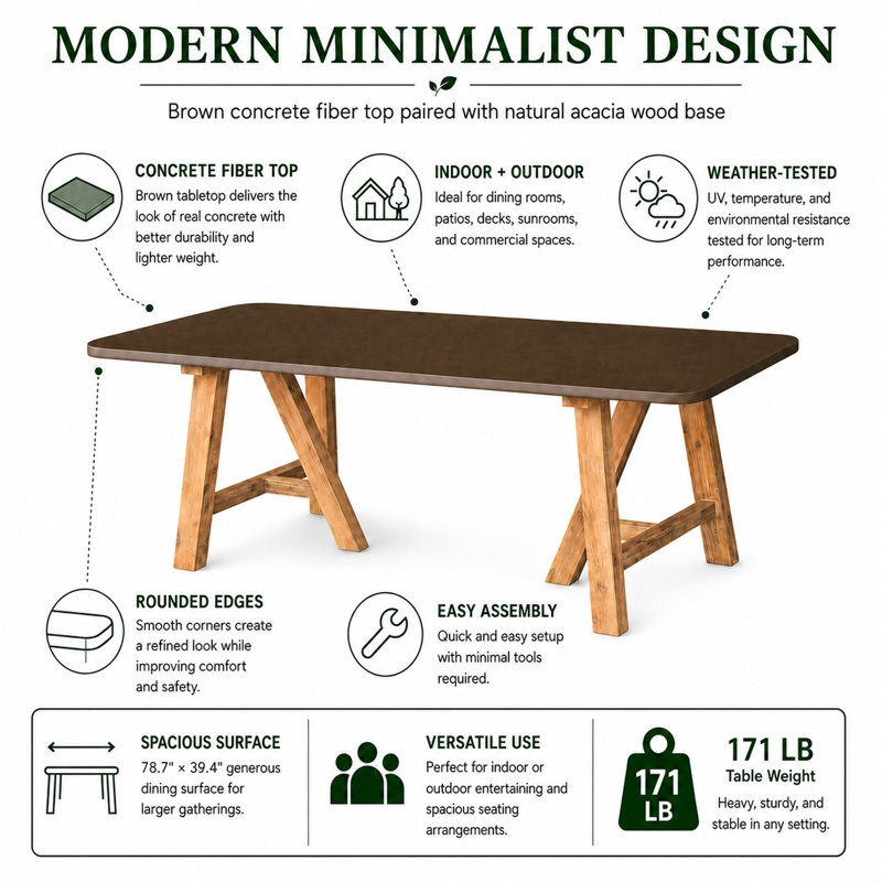 Severo Modern Indoor/Outdoor Brown 78.7" Rectangular Concrete Fiber Dining Table