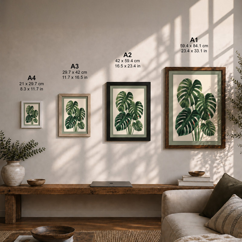 Monstera Study Botanical - Framed Print, A4 - 29.7 x 21.0 cm, Black