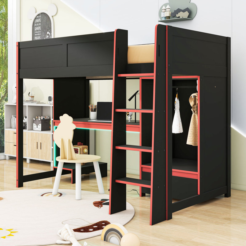 Lit de jeu Loft avec bureau, garde-robe et éclairage à DEL, Simple