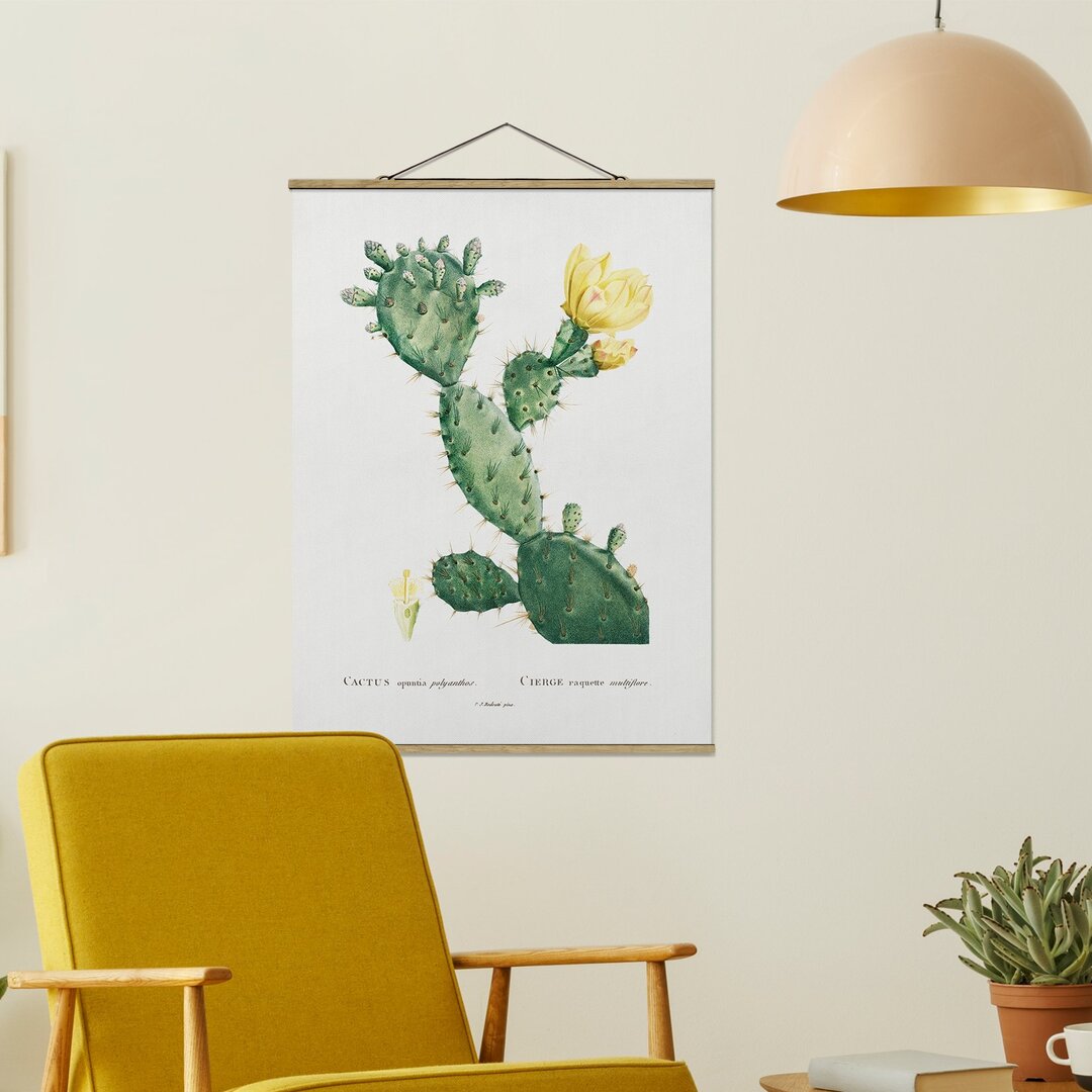 Stoffbild Botanik Vintage Illustration Kaktus mit gelber Blüte