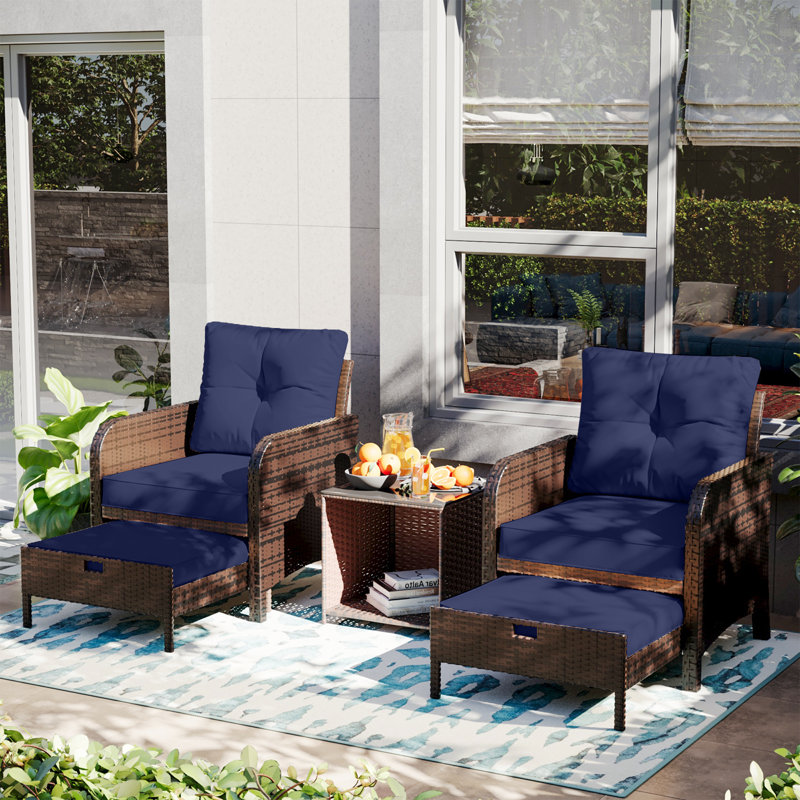 5 Pieces Outdoor Patio Chairs Set,PE Wicker Conversation Furniture with Cushions,Coffee Table,Navyblue, Navy
