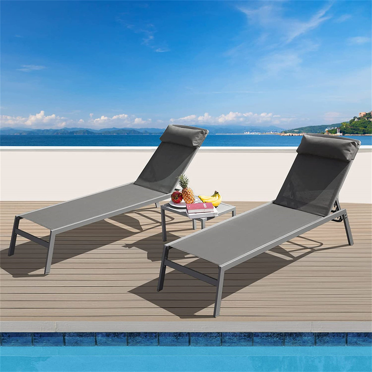 Ebern Designs Outdoor Metal Chaise Lounge Set with Table | Wayfair