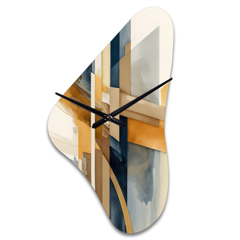 Moderne bleu et or abstrait I - horloge transitionnelle asymétrique en métal, impression d'horloge murale moderne de forme unique