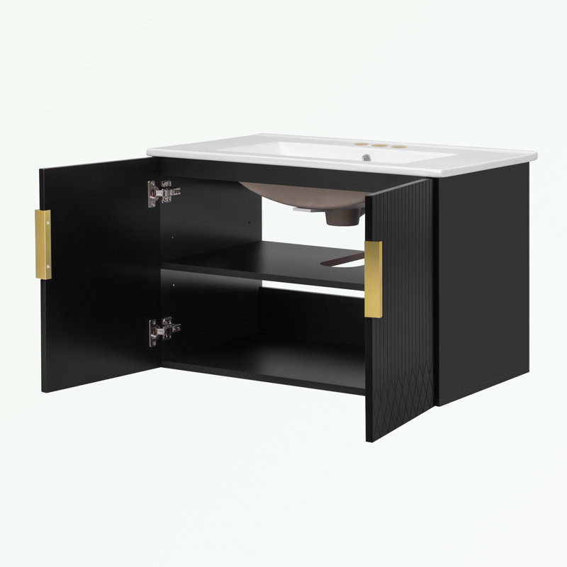 Meuble-lavabo de salle de bain avec lavabo en céramique et 2 portes à fermeture douce, Noir